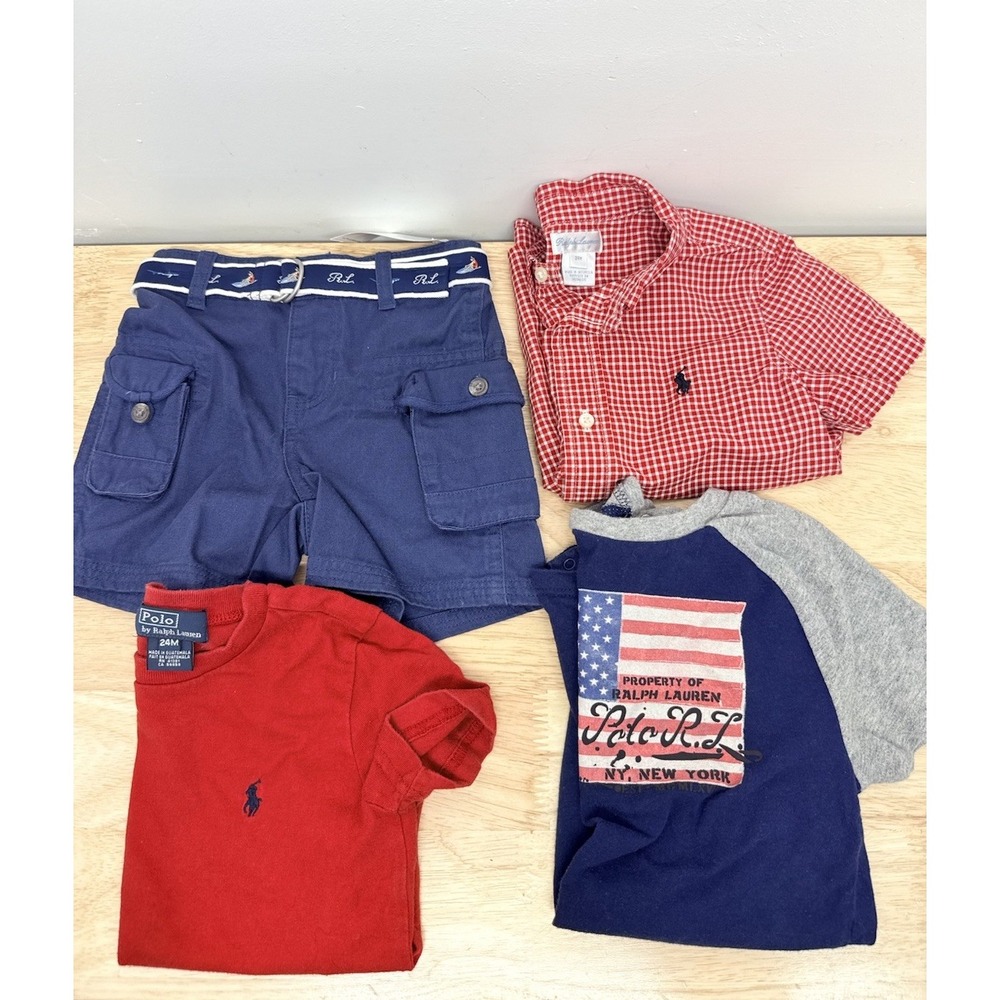 Ralph Lauren Baby Boy 18-24M 4 Pc Lot Polo Shirt Shorts Romper American Flag #58
